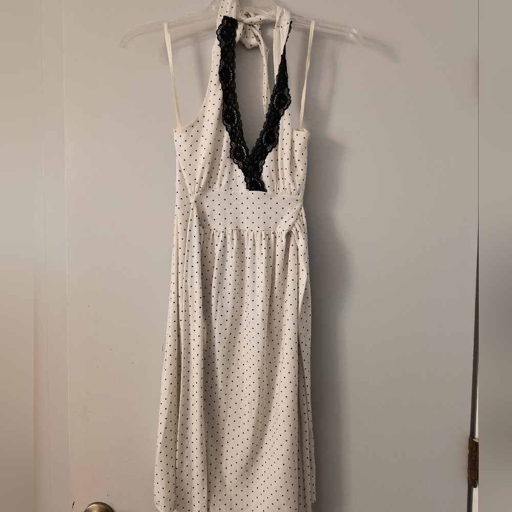 White Polka Dot Dress with Black Lace Trim